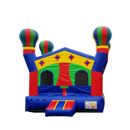 Colorful Jolly Jump Palace bounce house with vibrant red, blue, and yellow design, featuring balloon-shaped towers.