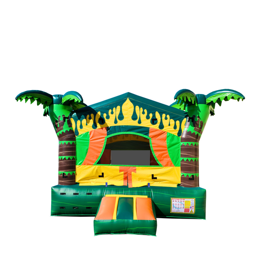 Colorful tropical-themed commercial bounce house with palm trees and vibrant green and yellow design.