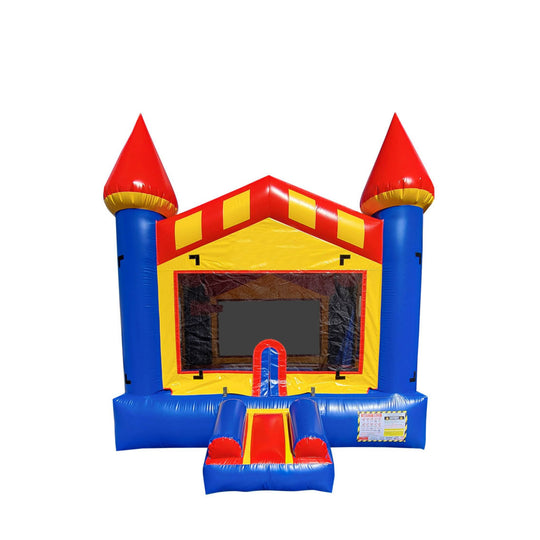 Colorful B-633 Classic Castle bounce house with red and yellow accents, featuring two tall spires and an entrance ramp.