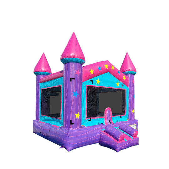 Colorful Princess Castle bounce house with pink and blue design, featuring star patterns and tall spires, set against a white