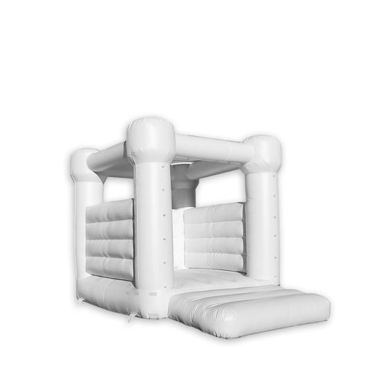 Small decorative white bounce house with a simple design, featuring tall pillars and a spacious jumping area.