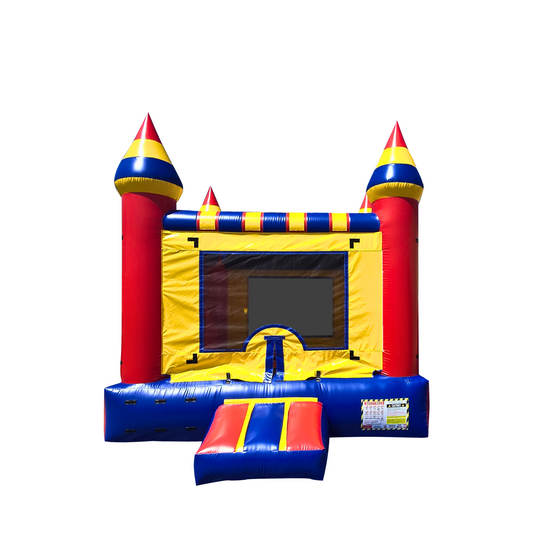 Multicolor castle-shaped commercial bounce house for sale with red, yellow, and blue colors, featuring two tall spires.