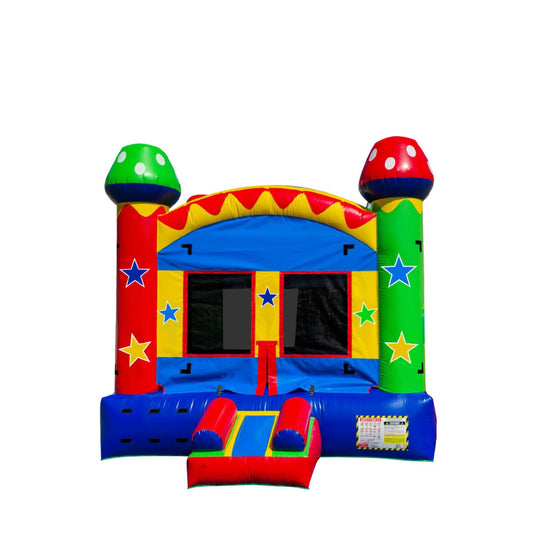 Colorful mushroom-themed commercial bounce house for sale featuring vibrant red, green, and blue colors with star patterns.