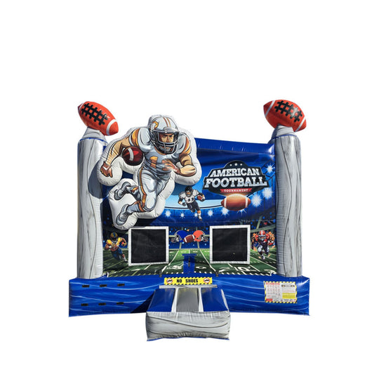 A vibrant blue football-themed commercial bounce house featuring a player in action, with footballs on top and a colorful