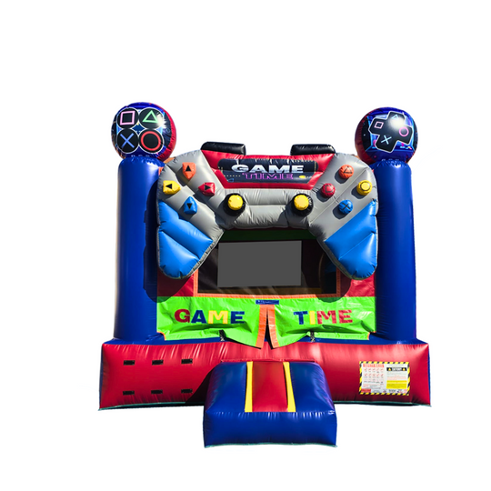 Colorful Game Time Jumper bounce house featuring a video game controller design, set against a white background.