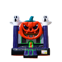 Colorful pumpkin and ghost-themed commercial bounce house for sale with a large pumpkin face and two ghost decorations.