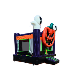 Colorful pumpkin and ghost-themed commercial bounce house for sale with a vibrant design and inflatable decorations.