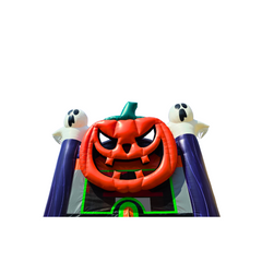 A large inflatable pumpkin with a mischievous grin and two ghost figures on either side, part of a commercial bounce house
