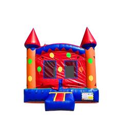 Multicolor commercial bounce house for sale featuring red and blue colors with balloon designs and two tall towers.