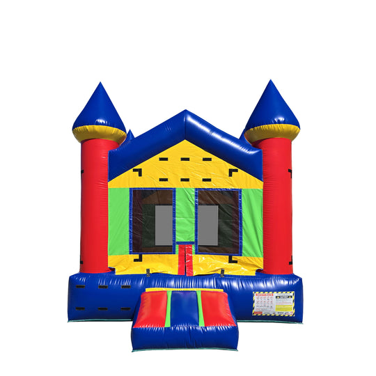 Colorful blue and yellow commercial bounce house for sale with red towers and a front entrance ramp.