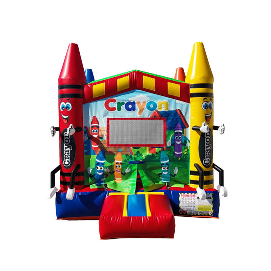 Colorful bounce house designed like crayons, featuring red, yellow, and blue elements with playful cartoon characters, set