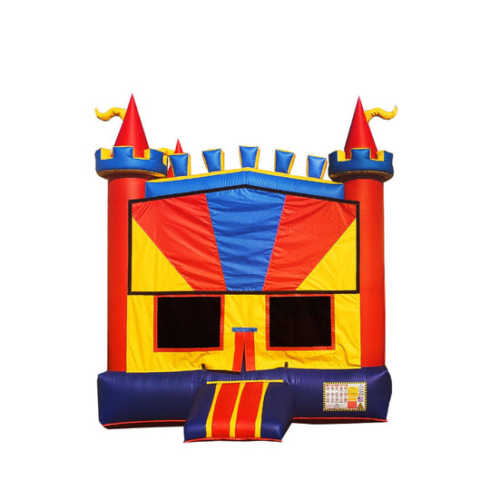 Brightly colored BM-648 Funhouse Jumper with red, blue, and yellow design, featuring castle-like turrets and a front