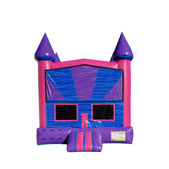 Purple Haze Jumper features a vibrant purple and pink design with tall spires, ideal for outdoor fun as a commercial bounce