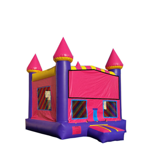 Bright pink and purple commercial bounce house for sale with tall pointed turrets and a colorful entrance.