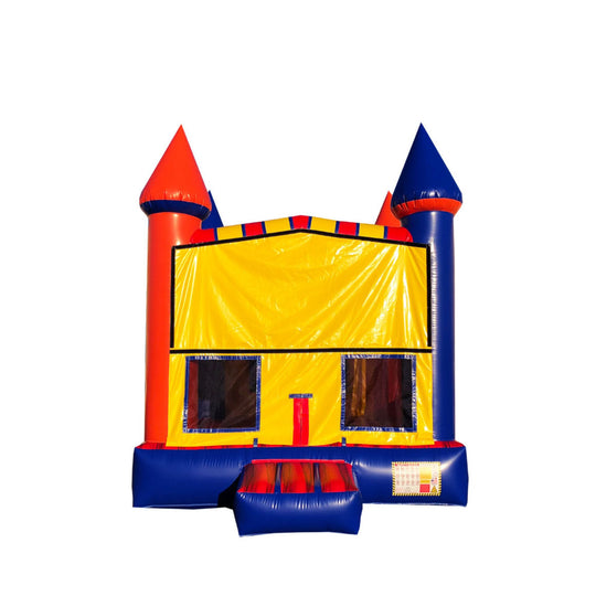 Brightly colored BM-669 Castle Craze Jumper featuring red and blue towers, designed as a commercial bounce house for sale.