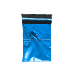 Blue sandbag cover designed for securing a commercial bounce house.