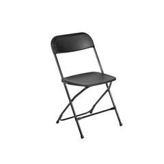 Black plastic folding chair with a sleek design, suitable for various events, displayed against a plain background.