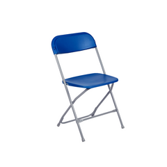 Blue plastic folding chair with a silver frame, suitable for various events, displayed as event furniture for sale.