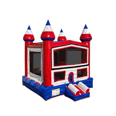 Red, white, and blue commercial bounce house for sale with castle-like design and pointed turrets.