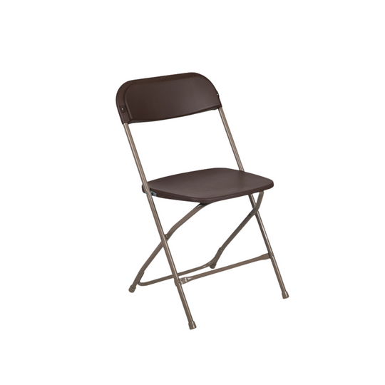Brown plastic folding chair with a metal frame, suitable for various events, displayed against a neutral background.