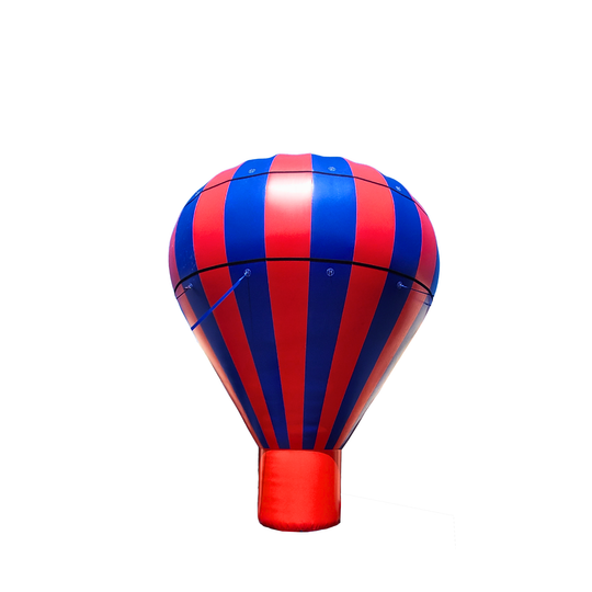 Red and blue striped inflatable hot air balloon, suitable for outdoor events and promotions.
