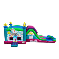 Colorful unicorn-themed inflatable combo water slide featuring a slide and splash pool.
