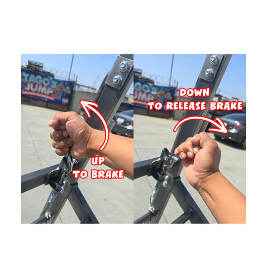 Manual brake mechanism for the Monster Dolly, showing hand positions for braking and releasing, with a colorful Tagos Jump
