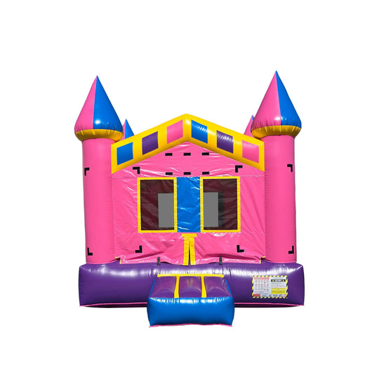 Bright pink and blue commercial bounce house for sale with castle design and two tall spires.