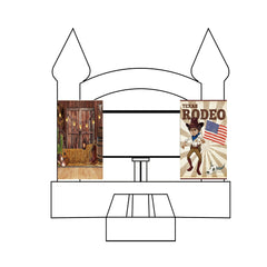 Two custom event banners featuring a cowboy theme, displayed on a rodeo-style backdrop with a wooden barn setting.