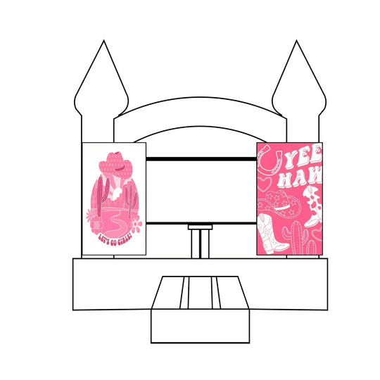 Two pink cowgirl-themed banners featuring western motifs on a bounce house backdrop, showcasing a custom event banner design.