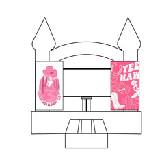 Two pink cowgirl-themed banners featuring western motifs on a bounce house backdrop, showcasing a custom event banner design.