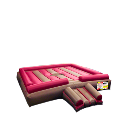 Brown and red inflatable mechanical bull bed with padded edges, designed for safety and comfort.