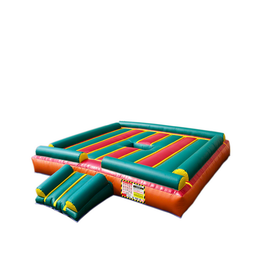 Colorful inflatable mechanical bull bed with orange, green, and red sections, designed for safety and fun.