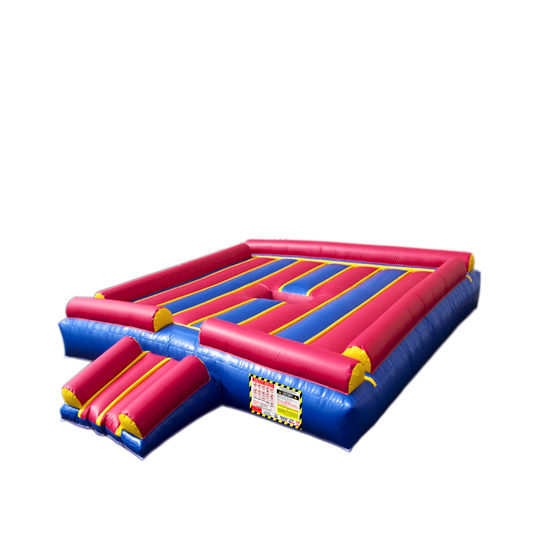 Bright blue and red inflatable mechanical bull bed with safety barriers, designed for fun and entertainment.