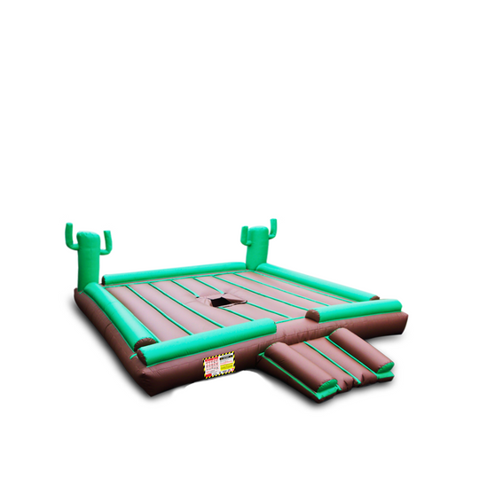 Green and brown inflatable mechanical bull bed with cactus decorations, designed for fun and safety.