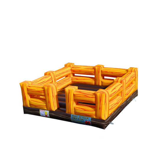Inflatable mechanical bull bed with a wooden corral design, featuring bright yellow and brown colors.
