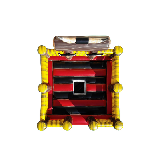 Top view of a yellow and red inflatable mechanical bull bed with black padding, designed for safety and comfort.