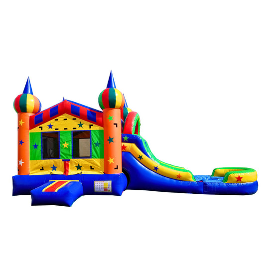 Multicolor bounce house with a slide, featuring bright orange, blue, and green colors, set against a white background.