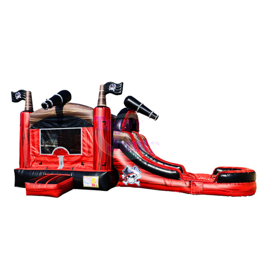 Red and black inflatable combo water slide featuring a pirate theme with cannons and a slide.