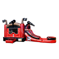 Red and black inflatable combo water slide featuring a pirate theme with cannons and a slide.