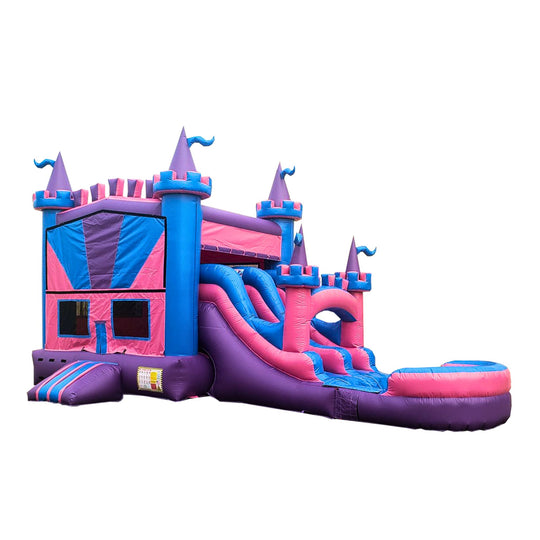 Colorful pink and purple inflatable combo water slide featuring a castle design with two slides and decorative towers.
