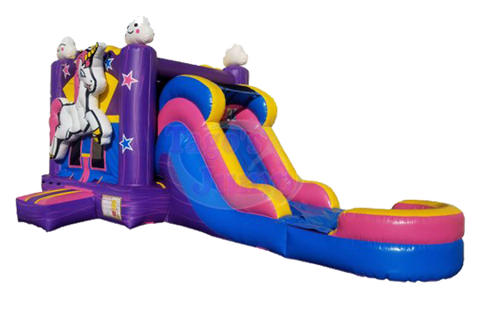 Colorful inflatable combo water slide featuring a unicorn design, with purple, pink, and yellow elements.