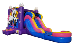 Colorful inflatable combo water slide featuring a unicorn design, with purple, pink, and yellow elements.