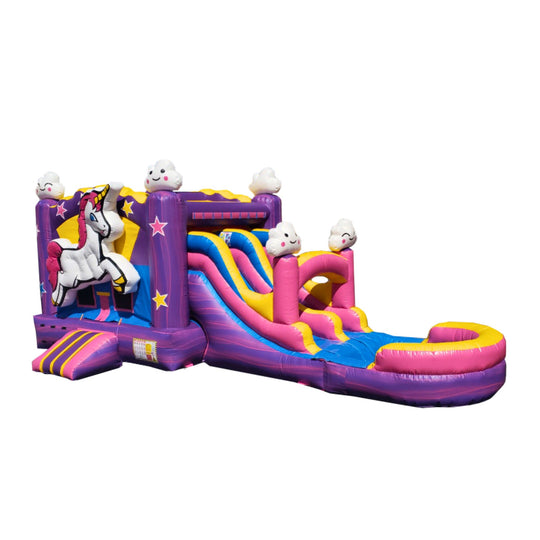 Colorful inflatable combo water slide featuring a unicorn design, with a slide and splash area.