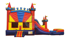 Colorful red castle module with blue and yellow accents, featuring a slide and splash area, ideal for outdoor fun.
