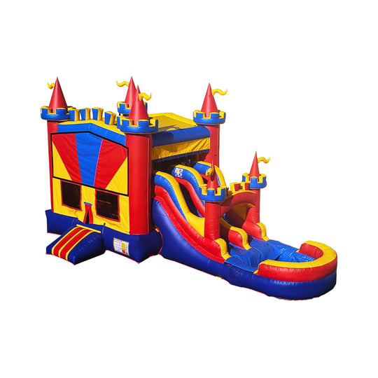 Colorful red and blue inflatable combo water slide featuring a castle design with two slides and a bounce area.