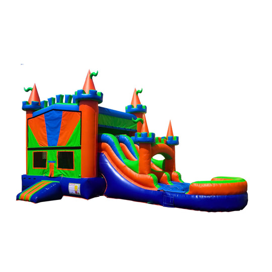 Colorful inflatable combo water slide featuring a magical castle design with two slides and vibrant orange and blue colors.