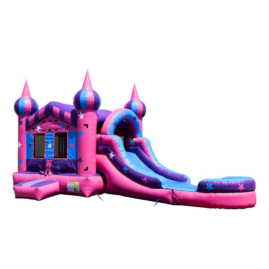 Bright pink inflatable combo water slide featuring star patterns and two tall spires, set against a white background.
