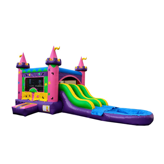 Colorful inflatable combo water slide featuring a castle design with two slides and a splash pool.