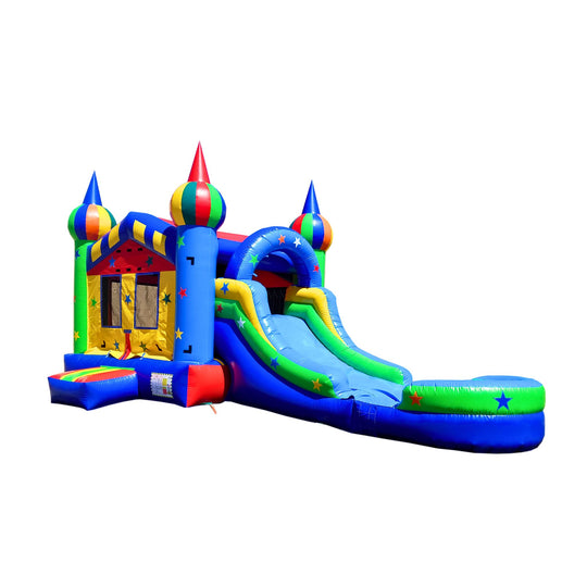 Colorful inflatable combo water slide featuring a castle design with slides and bounce area.